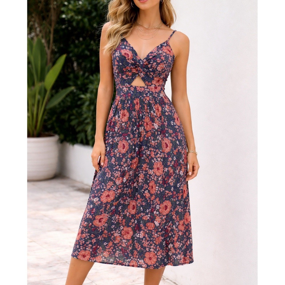 Angie Floral Cutout Midi Dress - Navy & Coral Peek-a-boo